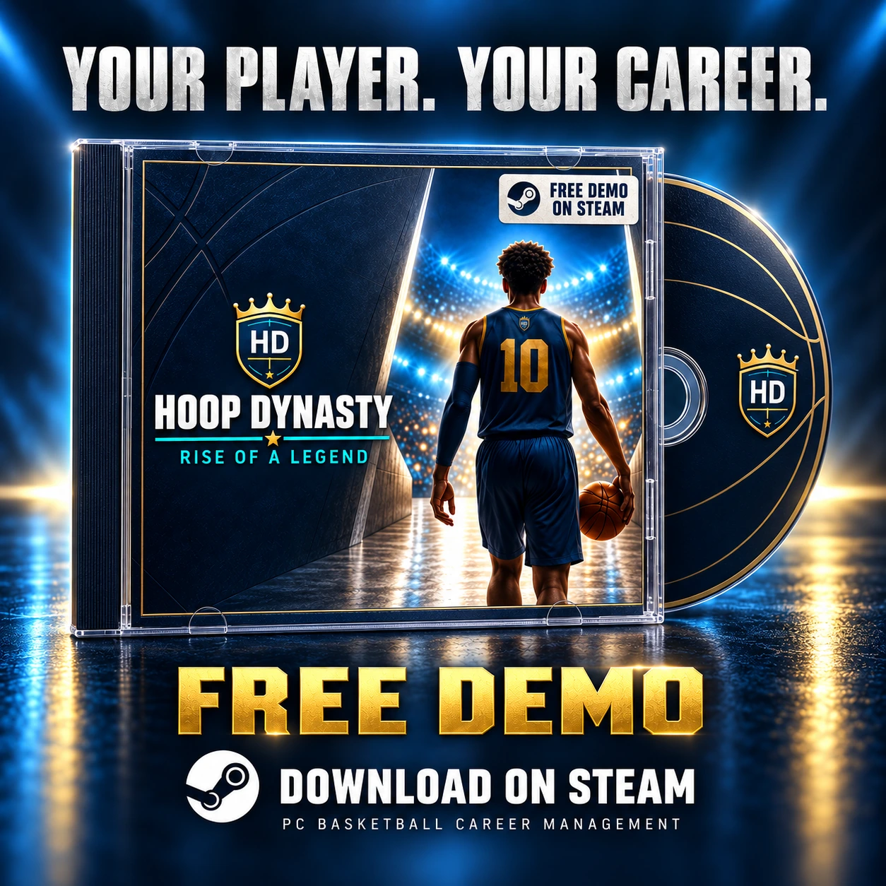 La demo gratuita di Hoop Dynasty su Steam: copertina CD-ROM con il giocatore numero 10 nel tunnel verso il campo.