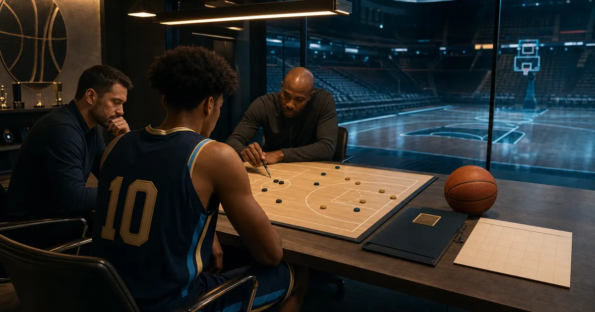 A number 10 basketball player studies a tactical board with two staff members