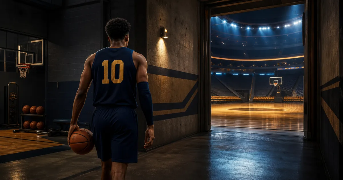 A number 10 basketball prospect walks from a training gym toward a professional arena