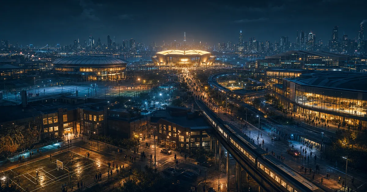 A fictional basketball city alive around several arenas at night